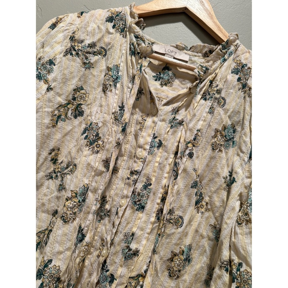 LOFT Floral Bouquet Ruffle Neck Button Front Cotton Blouse Large Peasant Boho - Picture 3 of 10